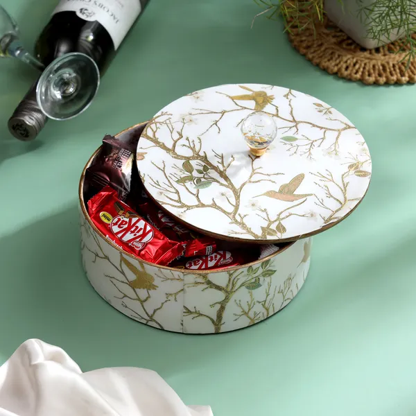 White_&_Gold_Wooden_Enamel_Coated_Premium_Waterproof_Multipurpose_Organizer_Box_,_Wooden_Roti_Box_,_Dryfruit_Serving_Box_,_Round_Storage_Box_(_(21X9)Cm_)