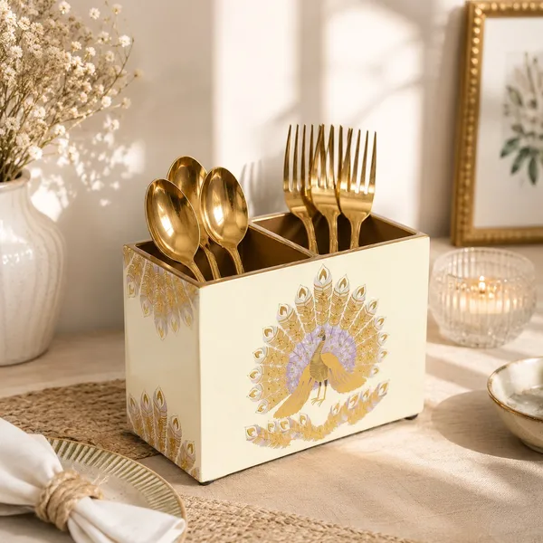 MDF_Wooden_Enamel_Coated_Cutlery_Holder_Organizer_2_Section_Peacock_Design_Tabletop_Storage_Stand_For_Kitchen_Dining_Table_Home_Office
