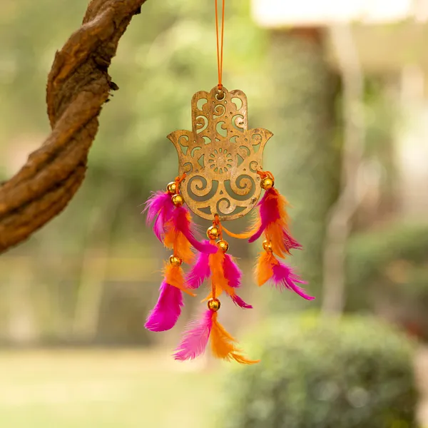 Metal_Hamsa_Hanging_with_Orange_&_Pink_Feathers_for_Home,_Garden,_Balcony,_Car_Decorative_(8x4.75_inch)