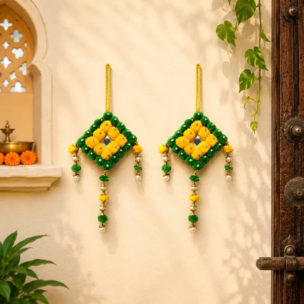 Pack_of_2_Handmade_Green_&_Yellow_Pompom_Wall_Hanging_for_Diwali_&_Festive_Home_Décor_(_12x4.5_inches)