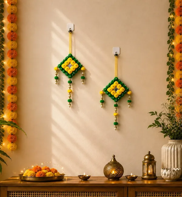 Pack_of_2_Handmade_Green_&_Yellow_Pompom_Wall_Hanging_for_Diwali_&_Festive_Home_Décor_(_12x4.5_inches)