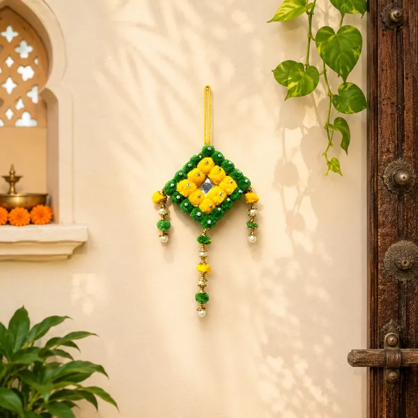 Pack_of_2_Handmade_Green_&_Yellow_Pompom_Wall_Hanging_for_Diwali_&_Festive_Home_Décor_(_12x4.5_inches)