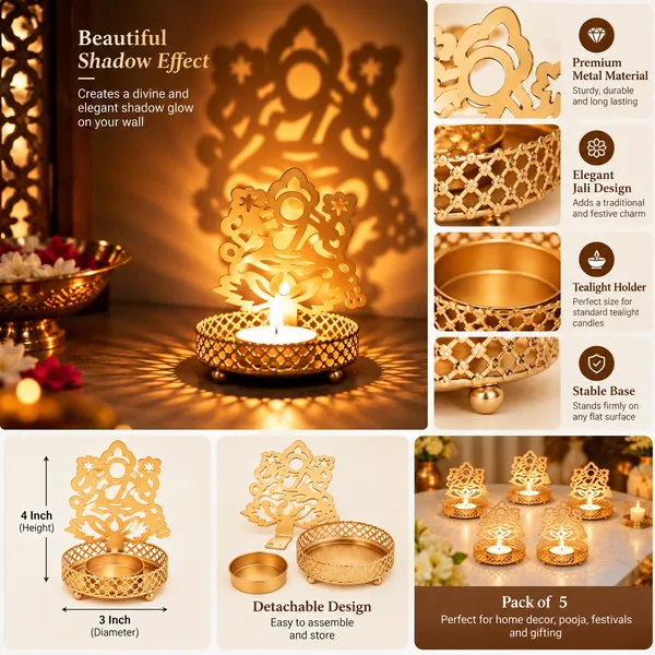 Pack_of_5_Metal_Laxmi_Ji_Shadow_Tealight_Candle_Holders_|_Golden_Decorative_Diya_Stand_for_Diwali,_Pooja_Room,_Home_Temple,_Festive_Decoration,_Housewarming_&_Return_Gifts_Product_Description