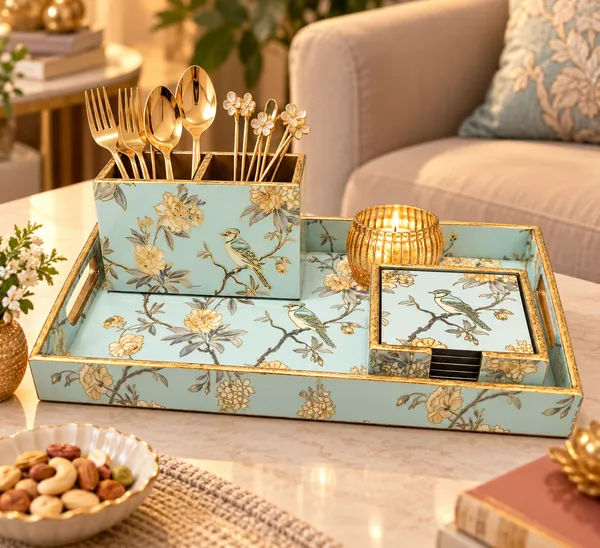 Premium_Aqua_Blue_Floral_Serving_Tray_Gift_Set_with_2-Section_Cutlery_Holder_&_Coaster_Set_|_Decorative_Home_Décor_&_Gifting_Hamper