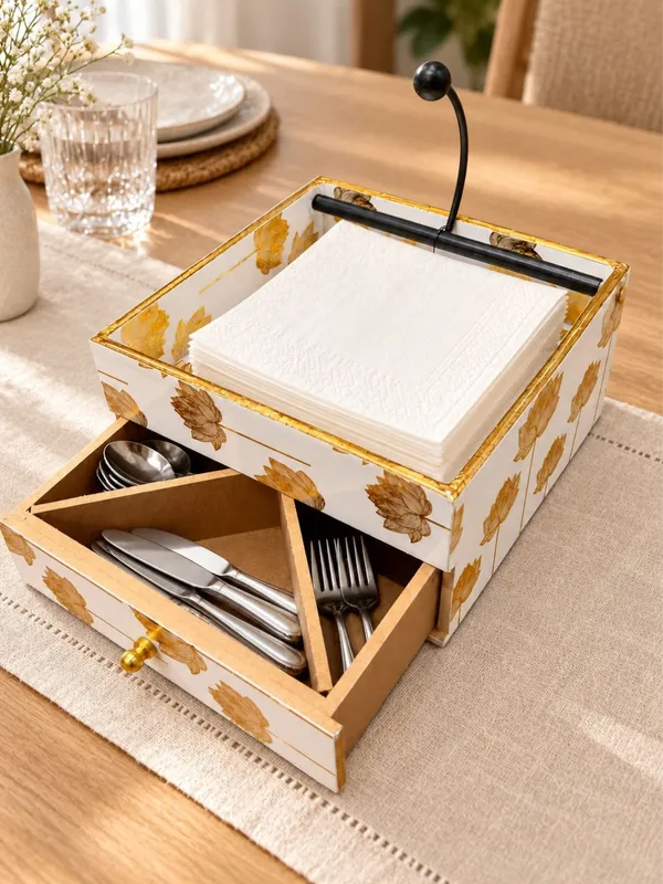 Premium_MDF_Wooden_Enamel_Coated_Napkin_Holder_with_3-Section_Organizer_Drawer_|_White_&_Gold_Lotus_Design_Tissue_Holder_with_Storage_Tray_for_Dining_Table,_Kitchen,_Home_Décor_&_Gifting