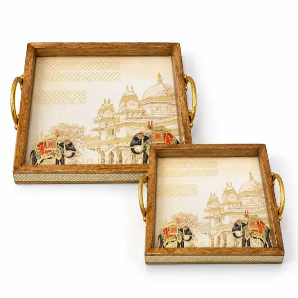 Premium_Set_of_2_Mango_Wood_Serving_Trays_with_Golden_Metal_Handles_|_Traditional_Royal_Elephant_&_Palace_Design_|_Decorative_Wooden_Trays_for_Tea,_Snacks,_Home_Décor_&_Festive_Gifting