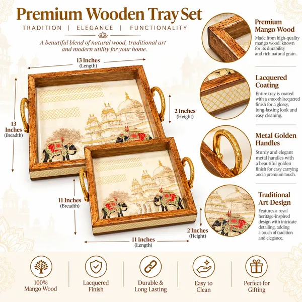 Premium_Set_of_2_Mango_Wood_Serving_Trays_with_Golden_Metal_Handles_|_Traditional_Royal_Elephant_&_Palace_Design_|_Decorative_Wooden_Trays_for_Tea,_Snacks,_Home_Décor_&_Festive_Gifting