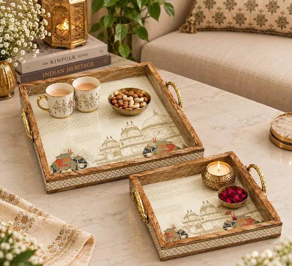 Premium_Set_of_2_Mango_Wood_Serving_Trays_with_Golden_Metal_Handles_|_Traditional_Royal_Elephant_&_Palace_Design_|_Decorative_Wooden_Trays_for_Tea,_Snacks,_Home_Décor_&_Festive_Gifting