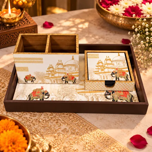 Printed_Wooden_Serving_Tray_Gift_Set_with_Coasters_&_2-Compartment_Holder_|_Premium_Decorative_Table_Organizer_&_Home_Décor_Gifting_Combo