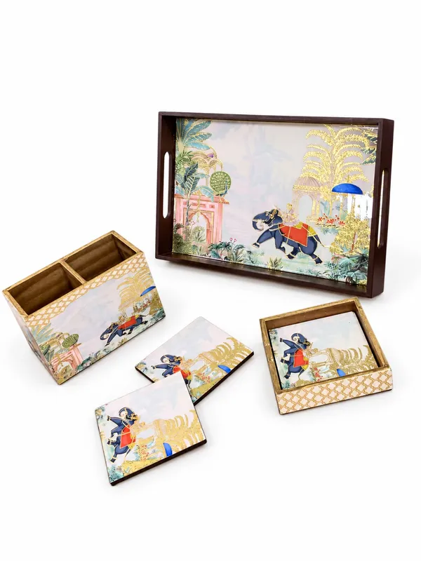 Printed_Wooden_Serving_Tray_Gift_Set_with_Coasters_&_2-Compartment_Holder_|_Premium_Decorative_Table_Organizer_&_Home_Décor_Gifting_Combo