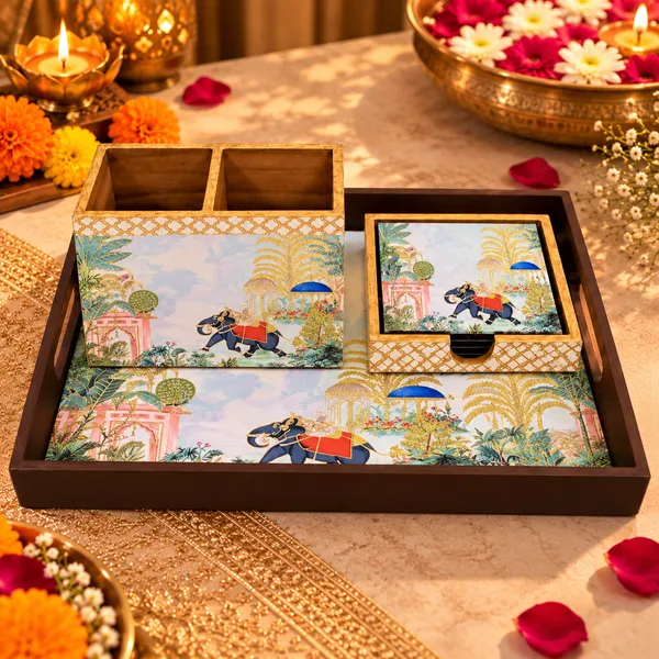 Printed_Wooden_Serving_Tray_Gift_Set_with_Coasters_&_2-Compartment_Holder_|_Premium_Decorative_Table_Organizer_&_Home_Décor_Gifting_Combo