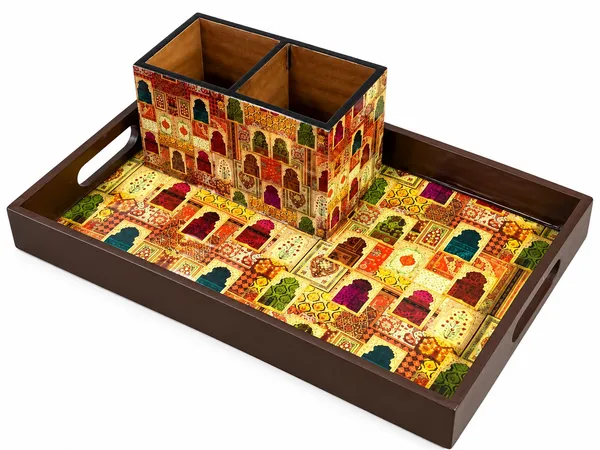 Printed_Wooden_Serving_Tray_with_2-Compartment_Cutlery_Holder_|_Decorative_Multipurpose_Organizer_&_Premium_Gifting_Combo