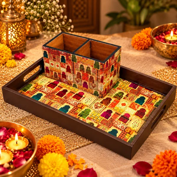 Printed_Wooden_Serving_Tray_with_2-Compartment_Cutlery_Holder_|_Decorative_Multipurpose_Organizer_&_Premium_Gifting_Combo