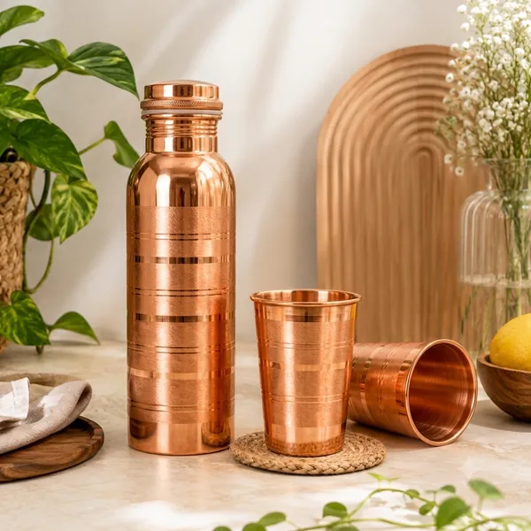 Pure_Copper_Hammered_Water_Bottle_(500_ml)_with_2_Glass_Set_|_Leakproof_&_Jointless_|_Ayurvedic_Health_Benefits_|_Gift_Set_for_Home,_Office_&_Travel