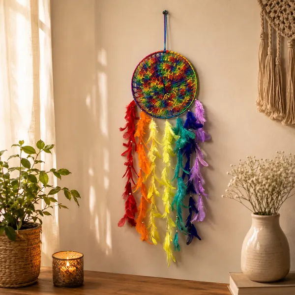 Rainbow_Crochet_Dream_Catcher_Wall_Hanging_with_Multi-Color_Feathers_&_Beads_for_Kids_Room,_Bedroom_&_Balcony_Decor_(30x8.5_Inches)