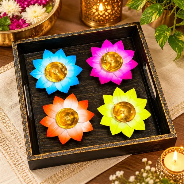 Rustic_Wooden_Decorative_Tray_with_4_Colourful_Lotus_Metal_Diyas_|_Festive_Diwali_Pooja_&_Home_Décor_Set