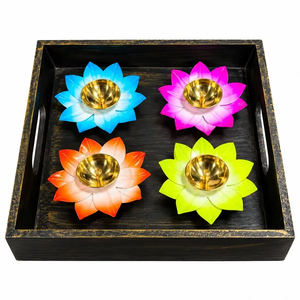 Rustic_Wooden_Decorative_Tray_with_4_Colourful_Lotus_Metal_Diyas_|_Festive_Diwali_Pooja_&_Home_Décor_Set
