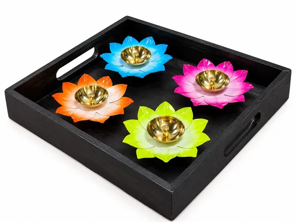 Rustic_Wooden_Decorative_Tray_with_4_Colourful_Lotus_Metal_Diyas_|_Festive_Diwali_Pooja_&_Home_Décor_Set