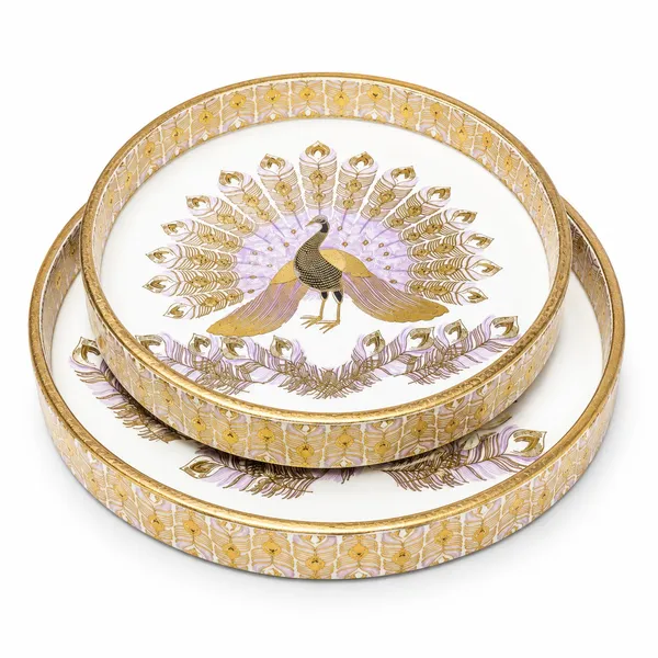 Set_Of_2_MDF_Wooden_Enamel_Coated_Serving_Tray_9x9_Inch_And_7x7_Inch_Peacock_Design_Round_Decorative_Tray_Set