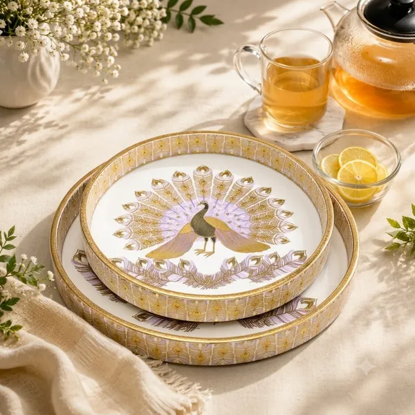 Set_Of_2_MDF_Wooden_Enamel_Coated_Serving_Tray_9x9_Inch_And_7x7_Inch_Peacock_Design_Round_Decorative_Tray_Set