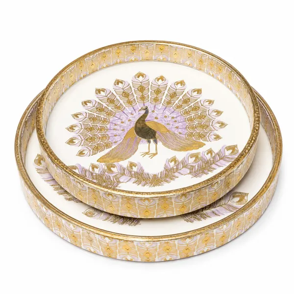Set_Of_2_MDF_Wooden_Enamel_Coated_Serving_Tray_9x9_Inch_And_7x7_Inch_Peacock_Design_Round_Decorative_Tray_Set