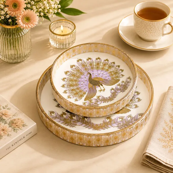 Set_Of_2_MDF_Wooden_Enamel_Coated_Serving_Tray_9x9_Inch_And_7x7_Inch_Peacock_Design_Round_Decorative_Tray_Set