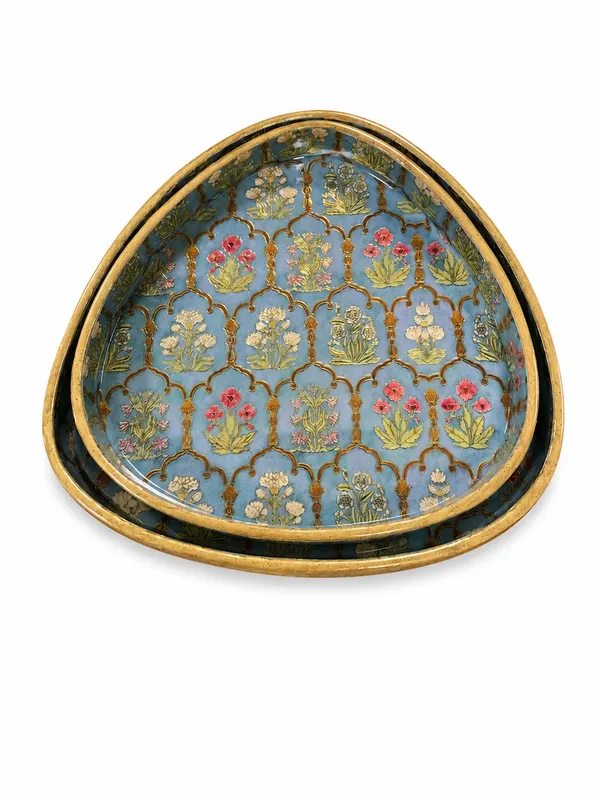 Set_of_2_Floral_Design_Triangular_MDF_Wooden_Serving_Trays_|_High-Gloss_Enamel_Coated_with_Gold_Trellis_for_Home_&_Diwali_Gifting_(9x9_&_7x7_inches)