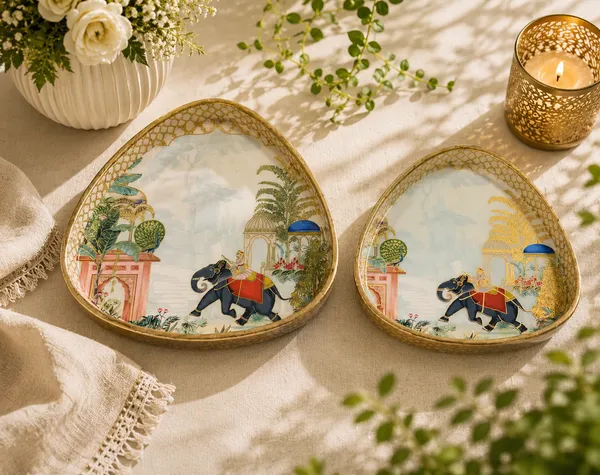 Set_of_2_Royal_Elephant_Triangular_MDF_Wooden_Serving_Trays_|_High-Gloss_Enamel_Coated_with_Gold_Lattice_Border_for_Home_&_Gifting_(9x9_&_7x7_inches)