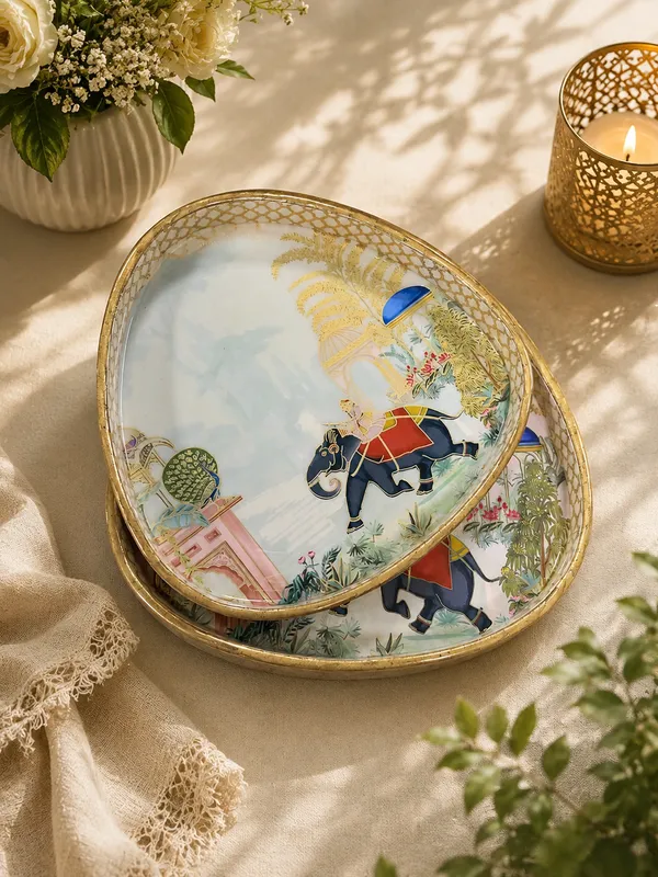 Set_of_2_Royal_Elephant_Triangular_MDF_Wooden_Serving_Trays_|_High-Gloss_Enamel_Coated_with_Gold_Lattice_Border_for_Home_&_Gifting_(9x9_&_7x7_inches)