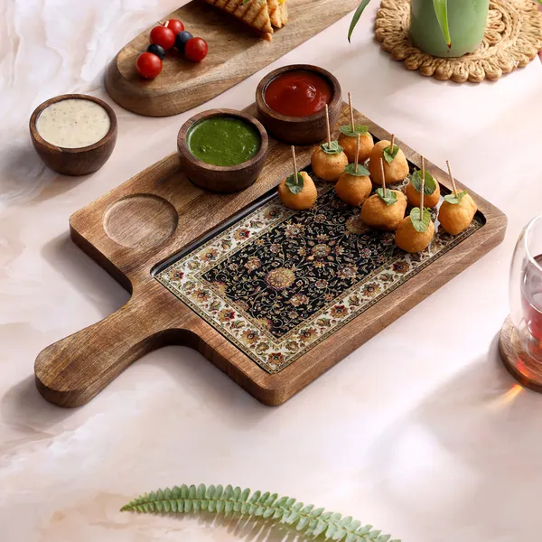 Brown_Wooden_Enamel_Coated_Rectangle_Serving_Platter_With3_Bowls_In_Mangowood_,_Snacks_Platter_For_Home_&_Dining_Table_,_Chip_N_Dip_Platter_With_Handle_,_Serving_Tray_(_(25X25||3X3)Cm_)_(Set_Of_4)