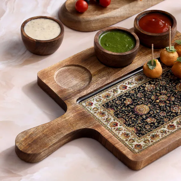 Brown_Wooden_Enamel_Coated_Rectangle_Serving_Platter_With3_Bowls_In_Mangowood_,_Snacks_Platter_For_Home_&_Dining_Table_,_Chip_N_Dip_Platter_With_Handle_,_Serving_Tray_(_(25X25||3X3)Cm_)_(Set_Of_4)