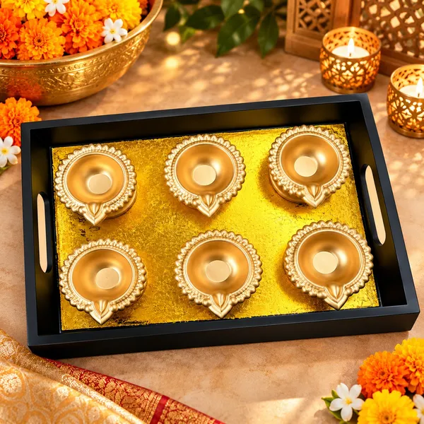 Stylsih_Wooden_Decorative_Tray_with_6_Golden_Metal_Diyas_|_Festive_Diwali_Pooja_&_Home_Décor_Set