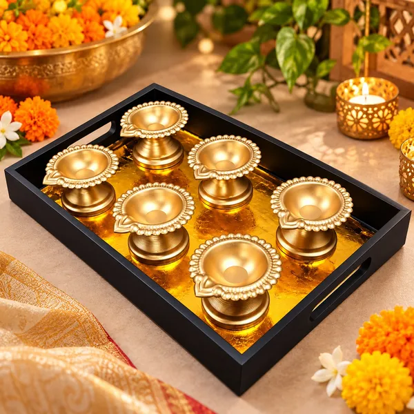 Stylsih_Wooden_Decorative_Tray_with_6_Golden_Metal_Diyas_|_Festive_Diwali_Pooja_&_Home_Décor_Set