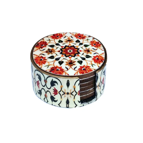 Round_Set_Of_6_Enamel_Coated_Wooden_Coasters_With_Stand_For_Home_And_Dining_Table_,_Stylish_Coasters_For_Tea_Coffee_And_Bar_(_(10X10)Cm_)
