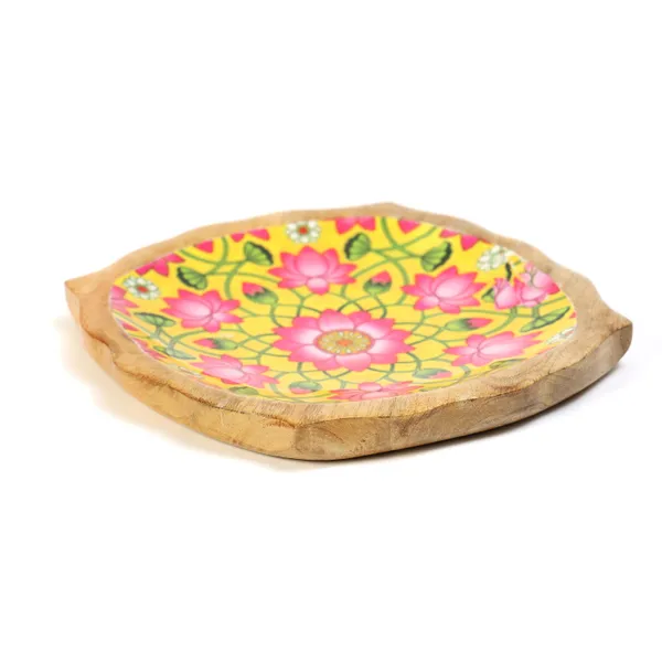 Yellow_&_Pink_Floral_Wooden_Enamel_Coated_Round_Serving_Platter_In_Mangowood_,_Snacks_Platter_For_Home_&_Dining_Table_,_Multipurpose_Tray_,_Serving_Tray_(_(23x23)Cm_)