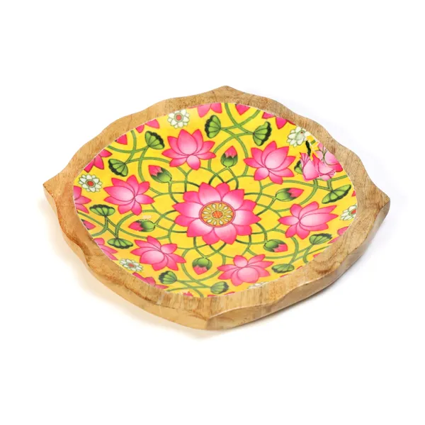 Yellow_&_Pink_Floral_Wooden_Enamel_Coated_Round_Serving_Platter_In_Mangowood_,_Snacks_Platter_For_Home_&_Dining_Table_,_Multipurpose_Tray_,_Serving_Tray_(_(23x23)Cm_)
