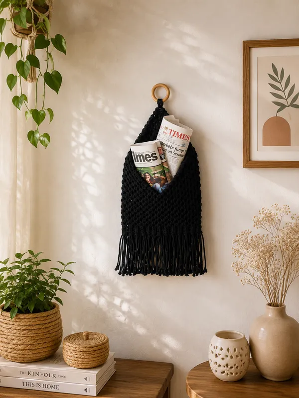 Handcrafted_Black_Macrame_Magazine_&_Newspaper_Holder_Boho_Cotton_Rope_Wall_Hanging_Mail_Organizer_with_Wooden_Ring_for_Home_and_Office_Decor