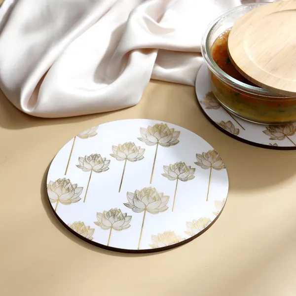 White_&_Gold_Wooden_Set_Of_2_Enamel_Coated_Round_Wooden_Trivets_For_Home_,_Waterproof_Printed_Big_Coasters_For_Table_(_(20X20)Cm_)_(Set_Of_2)