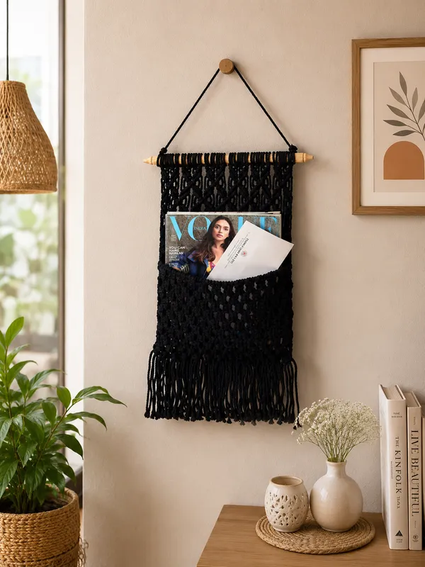 Handcrafted_Black_Macrame_Magazine_Holder_Wall_Hanging_Boho_Chic_Cotton_Rope_Mail_Organizer_and_Newsstand_with_Wooden_Dowel_for_Home_&_Office_Decor