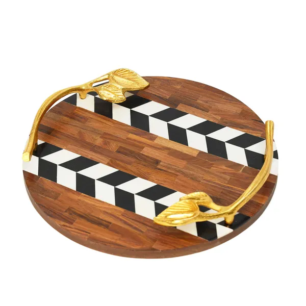 Bown_&_Black_Wooden_Resin_Round_Serving_Platter_With_Inlay_Work_In_Resin_And_Wood_,_Snacks_And_Cheese_Platter_For_Home_&_Dining_Table_,_Multipurpose_Tray_With_Handles_(_(30X30)Cm_)