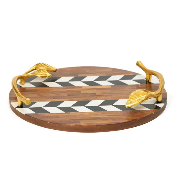 Bown_&_Black_Wooden_Resin_Round_Serving_Platter_With_Inlay_Work_In_Resin_And_Wood_,_Snacks_And_Cheese_Platter_For_Home_&_Dining_Table_,_Multipurpose_Tray_With_Handles_(_(30X30)Cm_)