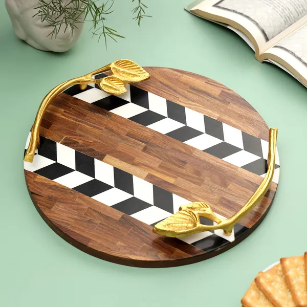 Bown_&_Black_Wooden_Resin_Round_Serving_Platter_With_Inlay_Work_In_Resin_And_Wood_,_Snacks_And_Cheese_Platter_For_Home_&_Dining_Table_,_Multipurpose_Tray_With_Handles_(_(30X30)Cm_)