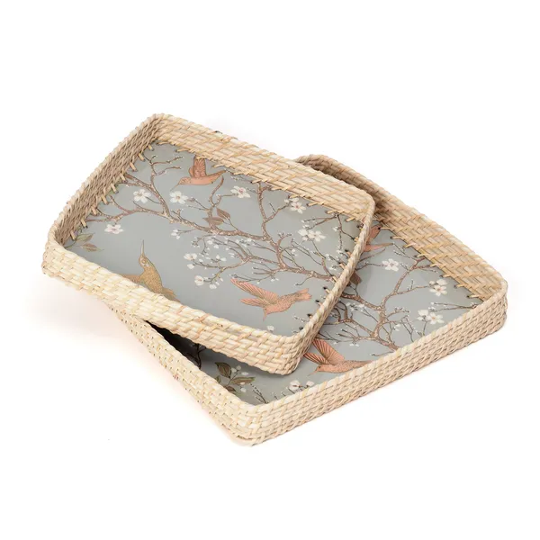 Silver_&_Gold_Wooden_And_Cane_Wooden_Enamel_Coated_Square_Set_Of_2_Trays_With_Cane_Border_,_Serving_Tray_For_Home_&_Dining_Table_,_Cane_Multipurpose_Trays_(_(33X33||28X28)Cm_)_(Set_Of_2)