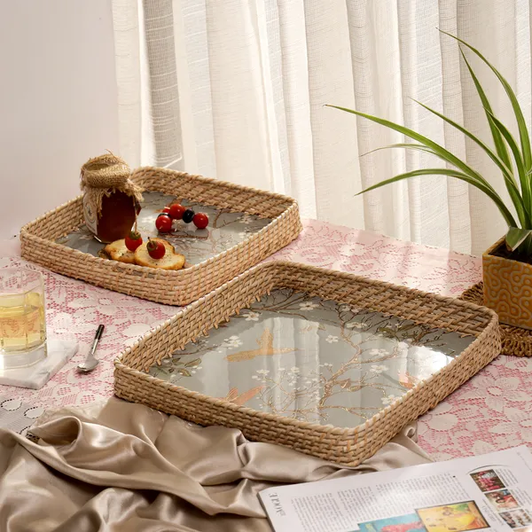 Silver_&_Gold_Wooden_And_Cane_Wooden_Enamel_Coated_Square_Set_Of_2_Trays_With_Cane_Border_,_Serving_Tray_For_Home_&_Dining_Table_,_Cane_Multipurpose_Trays_(_(33X33||28X28)Cm_)_(Set_Of_2)