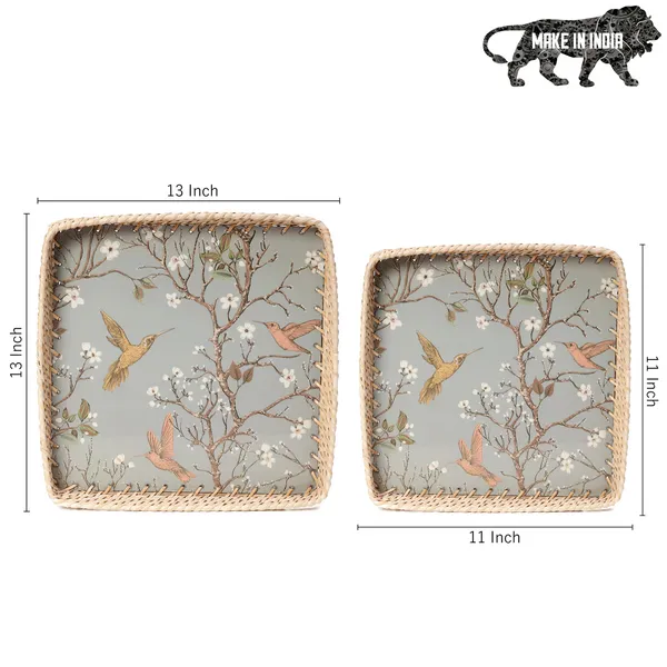 Silver_&_Gold_Wooden_And_Cane_Wooden_Enamel_Coated_Square_Set_Of_2_Trays_With_Cane_Border_,_Serving_Tray_For_Home_&_Dining_Table_,_Cane_Multipurpose_Trays_(_(33X33||28X28)Cm_)_(Set_Of_2)