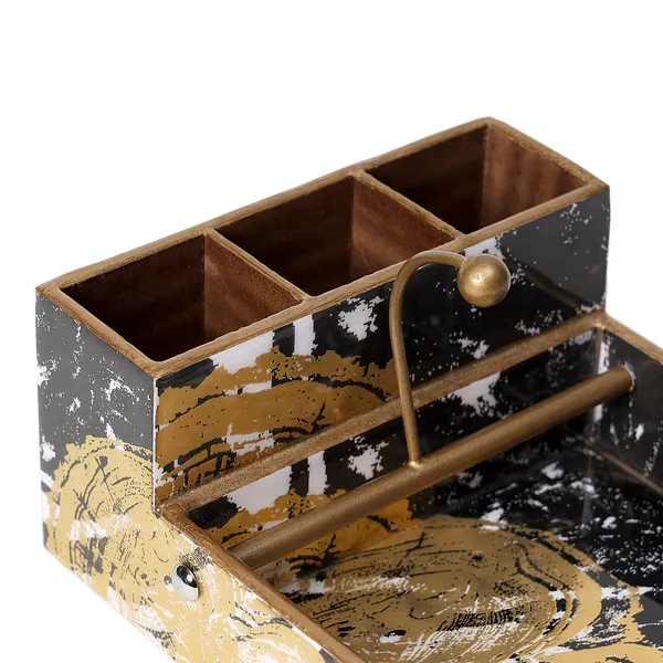 Black_&_Gold_Wooden_Enamel_Coated_Multi_Utility_Wooden_Holders_With_4_Sections_,_Spoon_Stand_Chammach_Holder_With_Napkin_Holder_,_Pen_Stand_(_(20X26X11)Cm_)
