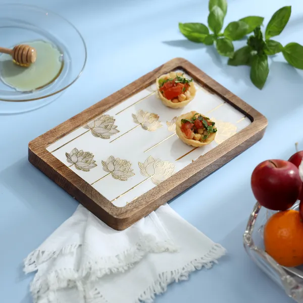 White_&_Gold_Wooden_Enamel_Coated_Rectangular_Serving_Platter_In_Mangowood_,_Snacks_Platter_For_Home_&_Dining_Table_,_Multipurpose_Tray_,_Serving_Tray_(_(25X15)Cm_)