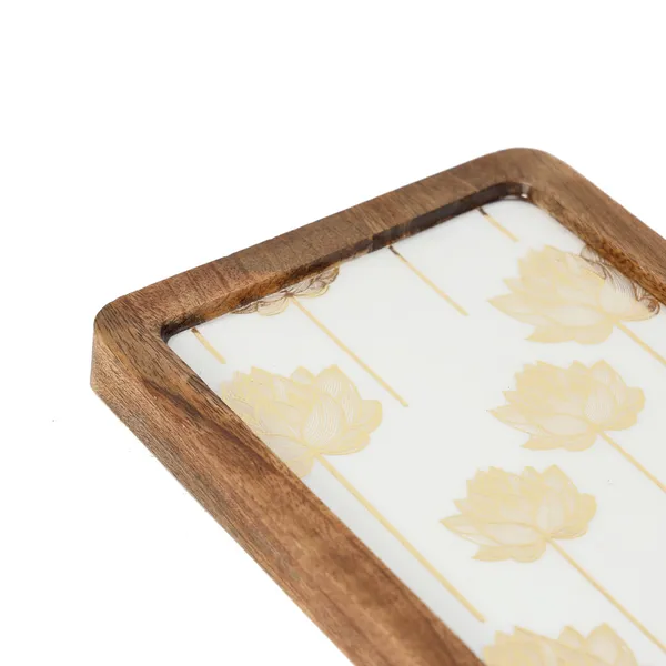 White_&_Gold_Wooden_Enamel_Coated_Rectangular_Serving_Platter_In_Mangowood_,_Snacks_Platter_For_Home_&_Dining_Table_,_Multipurpose_Tray_,_Serving_Tray_(_(25X15)Cm_)