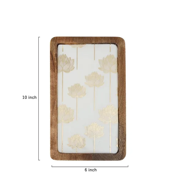White_&_Gold_Wooden_Enamel_Coated_Rectangular_Serving_Platter_In_Mangowood_,_Snacks_Platter_For_Home_&_Dining_Table_,_Multipurpose_Tray_,_Serving_Tray_(_(25X15)Cm_)
