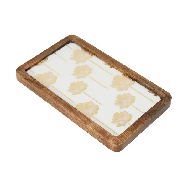 White_&_Gold_Wooden_Enamel_Coated_Rectangular_Serving_Platter_In_Mangowood_,_Snacks_Platter_For_Home_&_Dining_Table_,_Multipurpose_Tray_,_Serving_Tray_(_(25X15)Cm_)